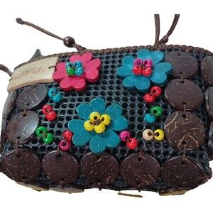 Vintage Jamaica Coconut Shell Mini Purse Floral Beaded Crossbody Island Souvenir